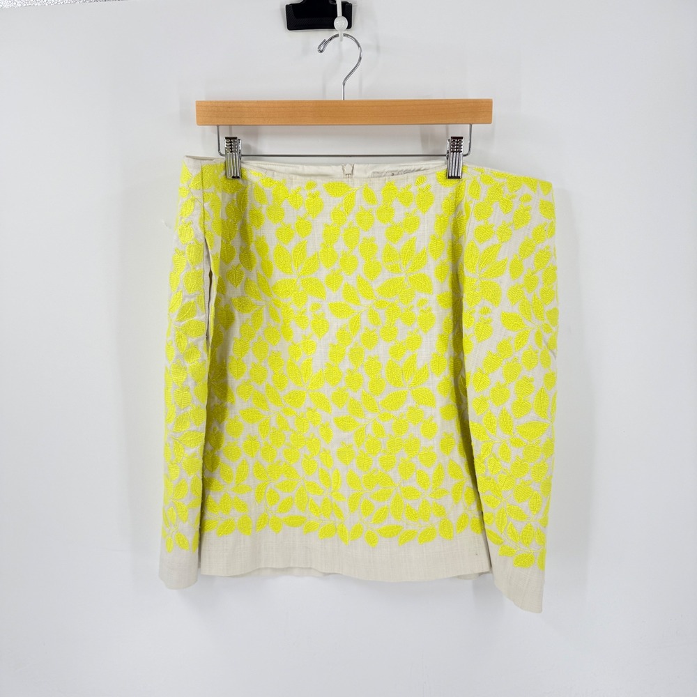 Boden Mini Skirt Ivory Neon Yellow US 16R Leaf Embroidered Cotton Preppy Summer